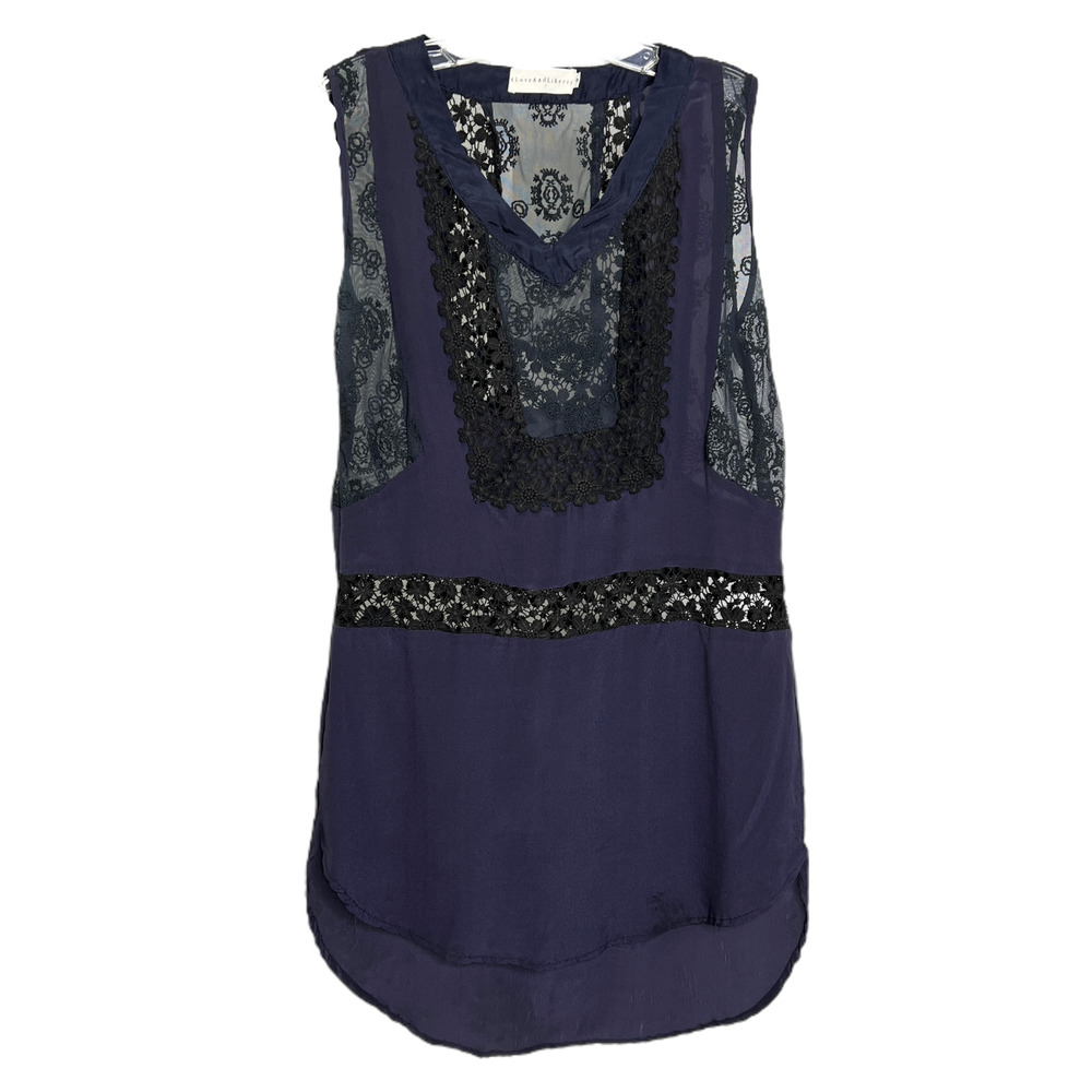 4 Love And‎ Liberty Women's Tank Tunic Dress Blue Floral Lace V-Neck Hi-Low Sz S